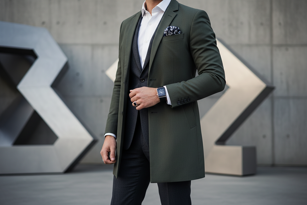AN ELEGANT MAN WEARING A SMART WATCH IN FASHION CLOTHES.