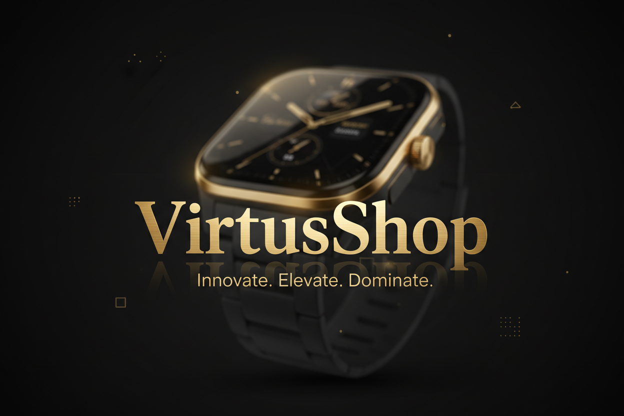 Create an ultra-high-quality website hero banner for the brand ‘VirtusShop’. Use a luxurious matte-black background with a large premium smartwatch in the background—blurred, softly lit, and low-opacity. Place the main focus on elegant gold typography for the brand name and slogan area. Add subtle gold reflections and minimal digital interface elements in the background. Style: modern, elegant, professional, luxury tech aesthetic
